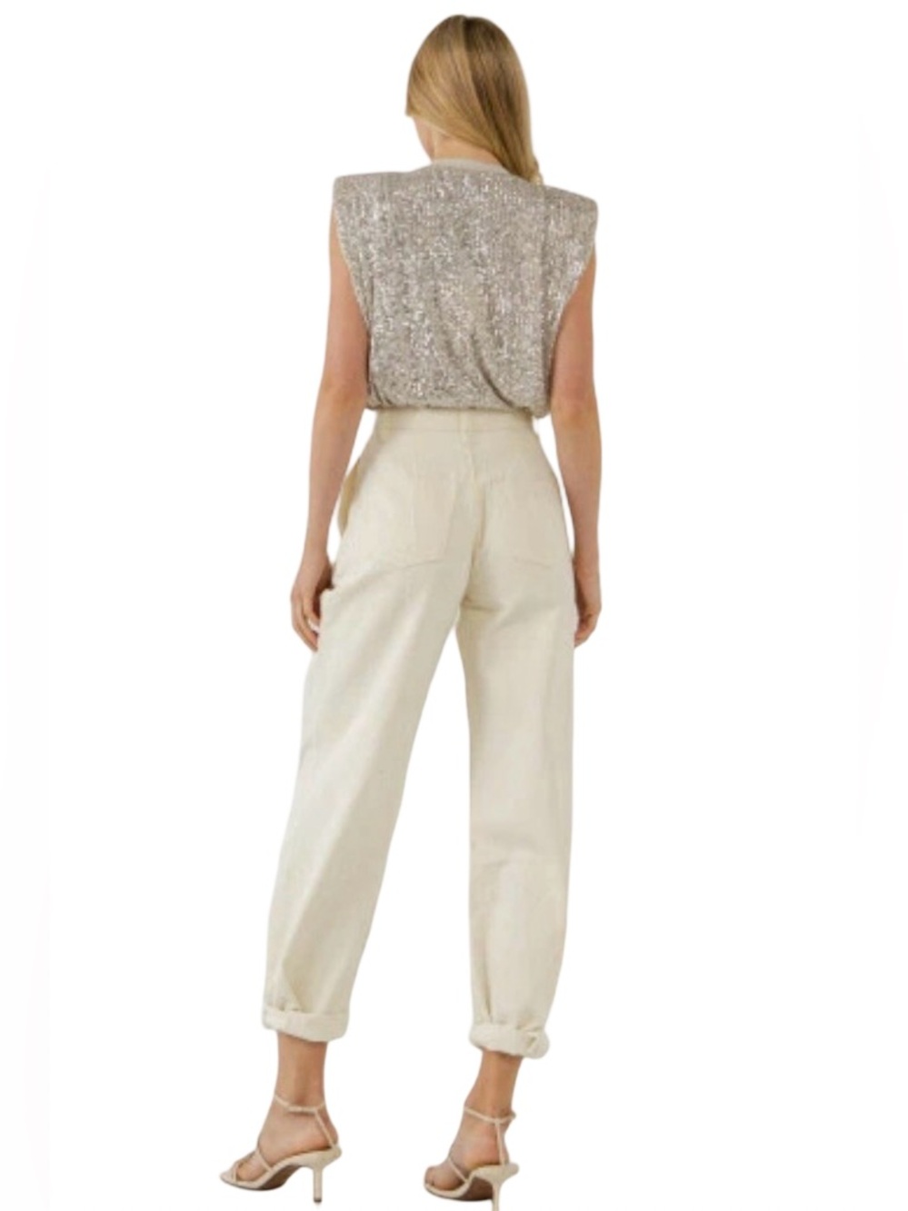 Endless Rose Sequin Shoulder Pad Top NWT Size M Ivory Champagne Sleeveless Party - Picture 6 of 12